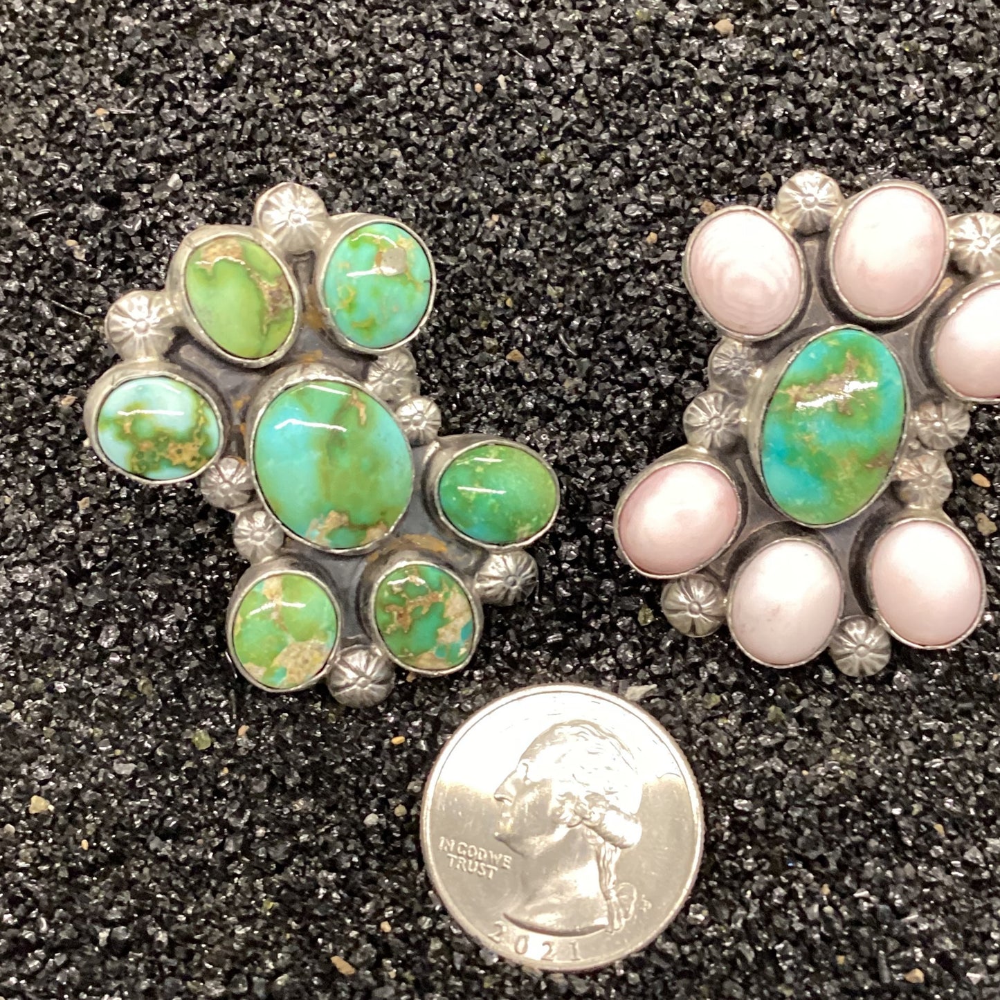 Ring, Asst. 6 stone Stone mixed Royston/Sonoran Gold, Pinkm Conch Robert Shakey crafted from Sterling Silver, an exquisite Rings Native American designed by Turquoise Mustang.