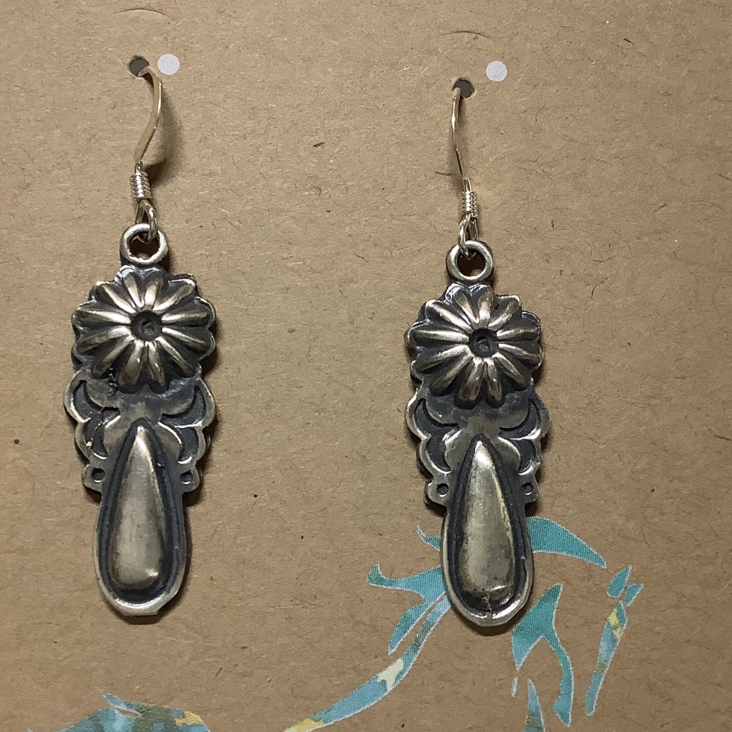 EArring, all silver, sm. burnished repoussee, concho & teadrop, Freida Martinez crafted from Sterling Silver, an exquisite Earrings Native American designed by Turquoise Mustang.