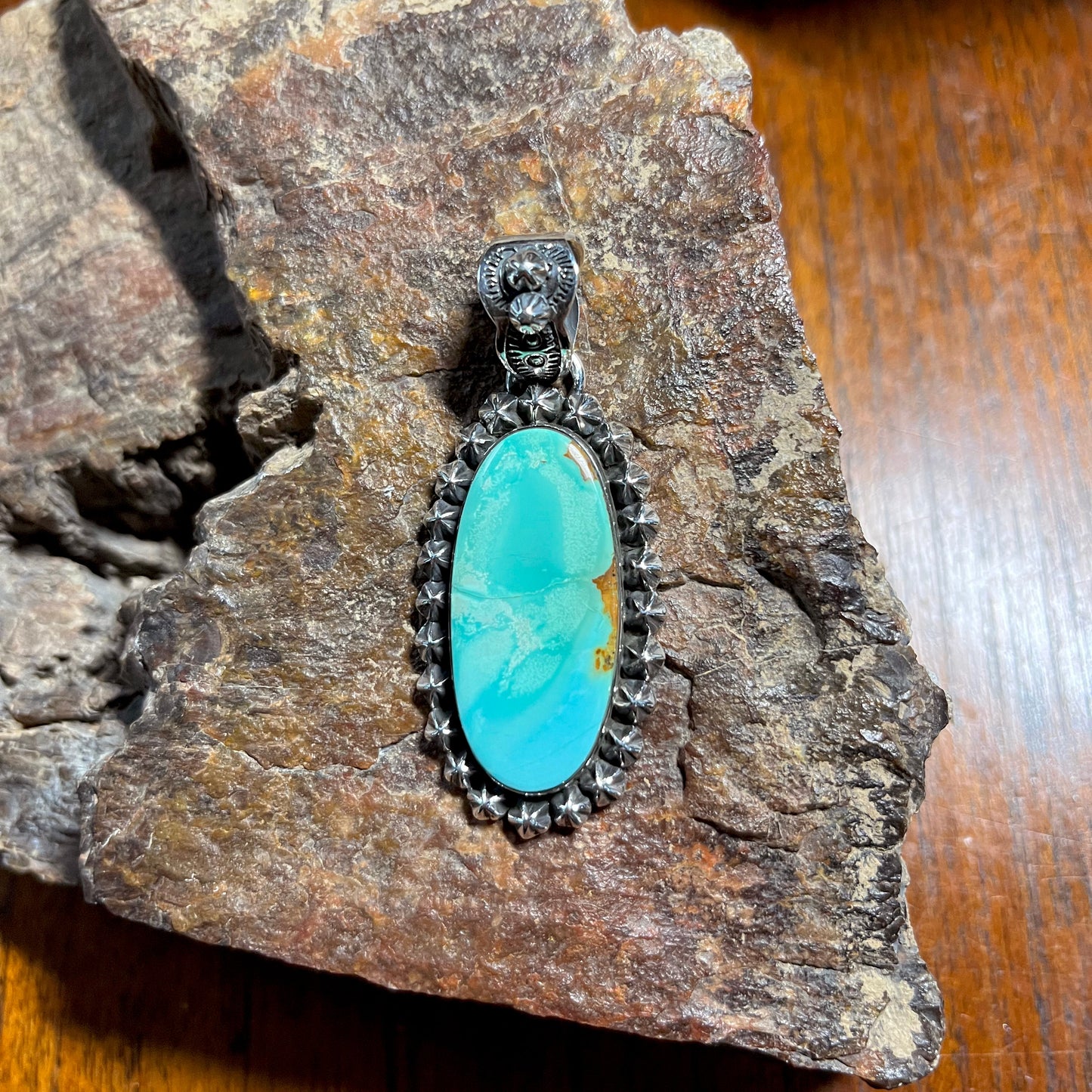 The Winter Jasmine Pendant crafted from Royston Ribbon Turquoise, an exquisite Pendants designed by Turquoise Mustang.