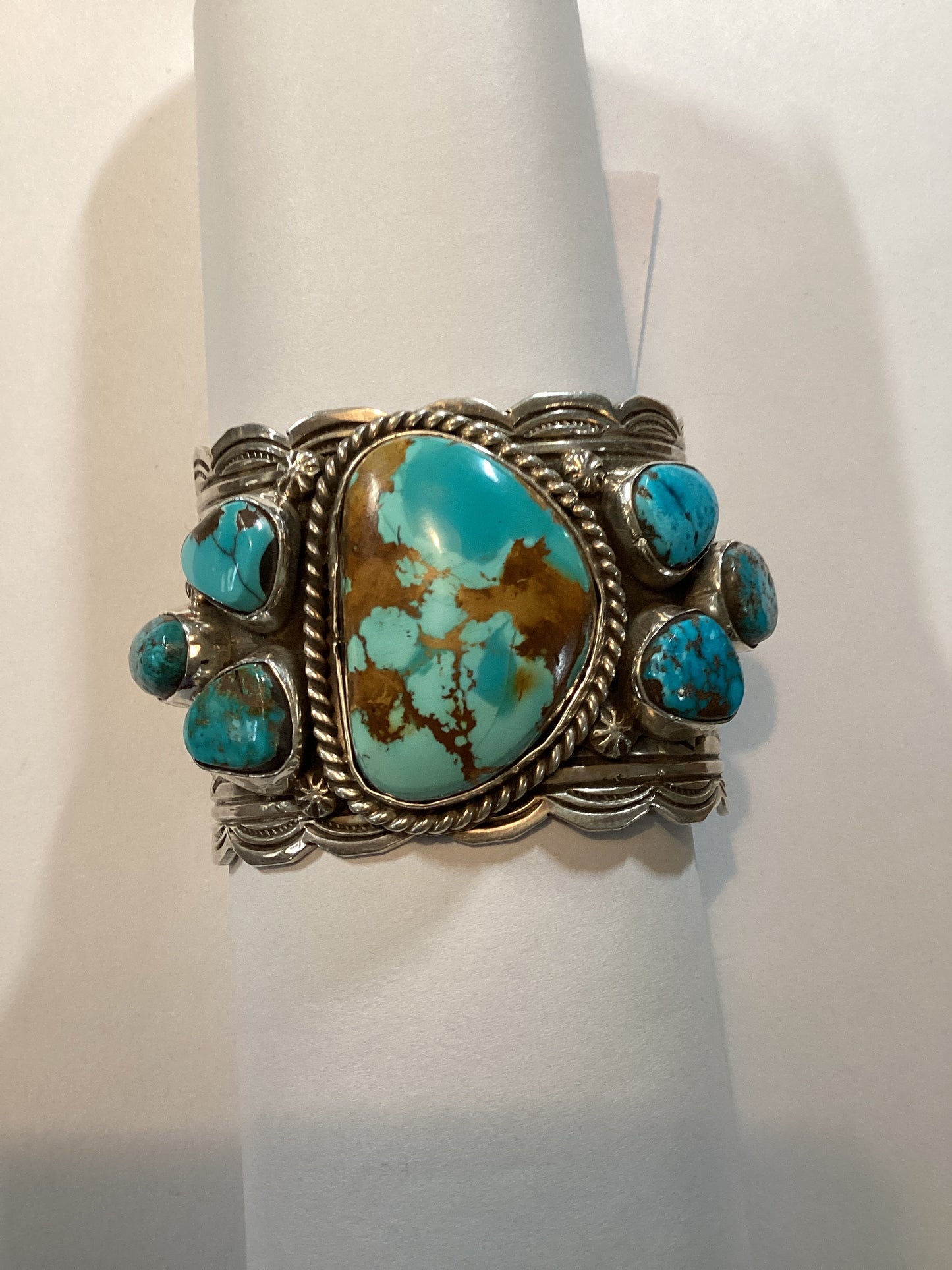 Bracelet, wide cuff, Royston, Turquoise, 7 stone, Chris Yazzie crafted from Sterling Silver, an exquisite Bracelets Native America designed by Turquoise Mustang.