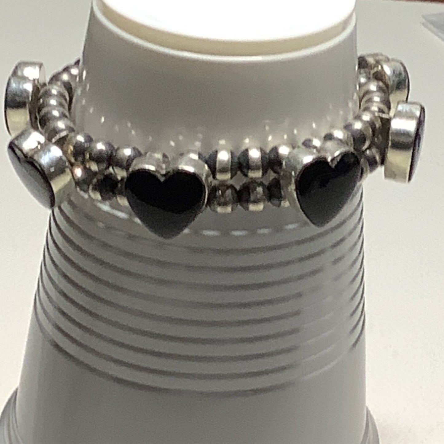 Bracelet, 2-Strand Navajo PEarls with Onyx Hearts crafted from Sterling Silver, an exquisite DD Bracelets designed by Turquoise Mustang.