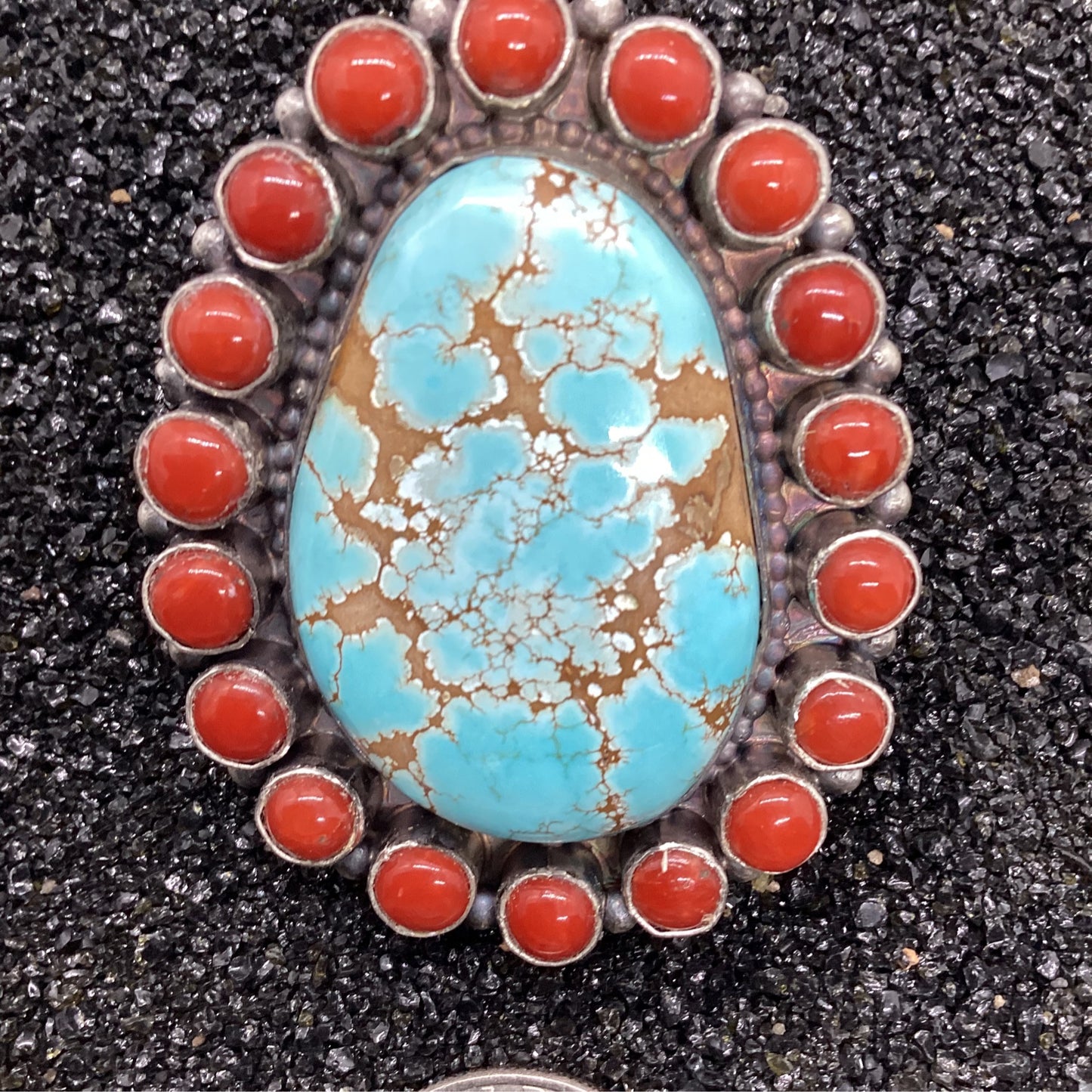 Ring, 20 Stone Cluster Number Eight surrounded by Mediteranean Coral, Peterson Johnson crafted from Sterling Silver, an exquisite Rings Native American designed by Turquoise Mustang.