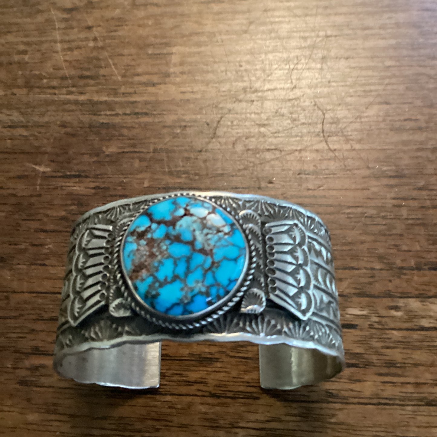 Bracelet, Cuff, Round Spiderweb Royston Blue, 5 rows stamps, overlay, A. Reeves Long crafted from Sterling Silver, an exquisite Bracelets Native America designed by Turquoise Mustang.