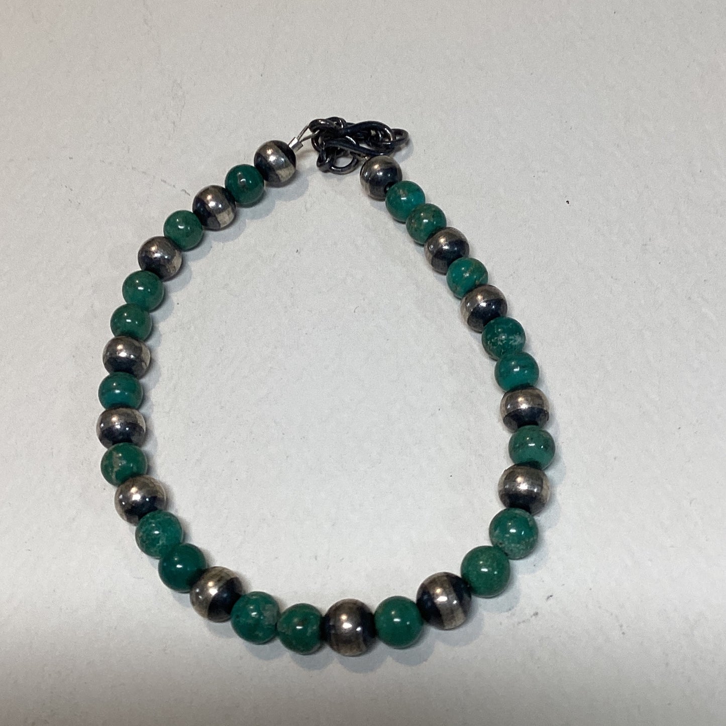 Bracelet, Single Strand Navajo Pearls w/ Green Turquoise 6mm, Dan Dodson crafted from Sterling Silver, an exquisite DD Bracelets designed by Turquoise Mustang.