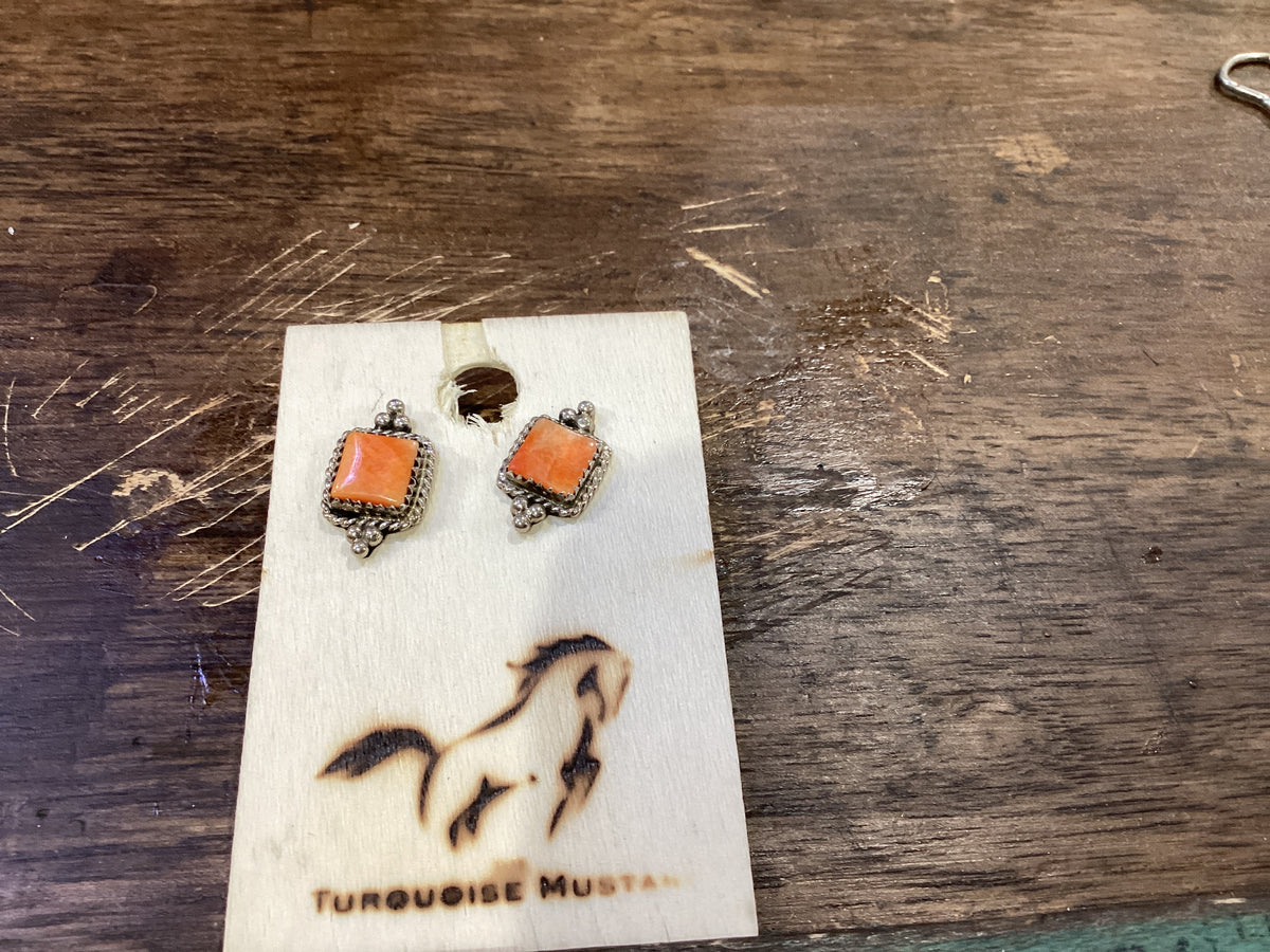 Orange Spiny Rectangle Stud Earrings