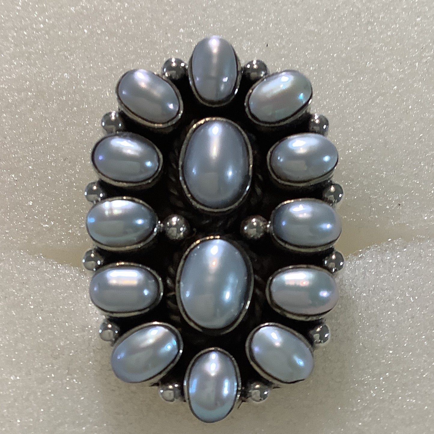 Ring, Pearl, 2 oval Center with 12 oval pearl cluster, DD (1) crafted from Sterling Silver, an exquisite Dan Dodson Rings designed by Turquoise Mustang.