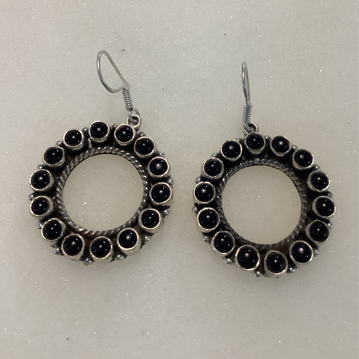 Earrings, Onyx, circle drop w/ Round Pendulums, DD (1) crafted from Sterling Silver, an exquisite DD Earrings designed by Turquoise Mustang.