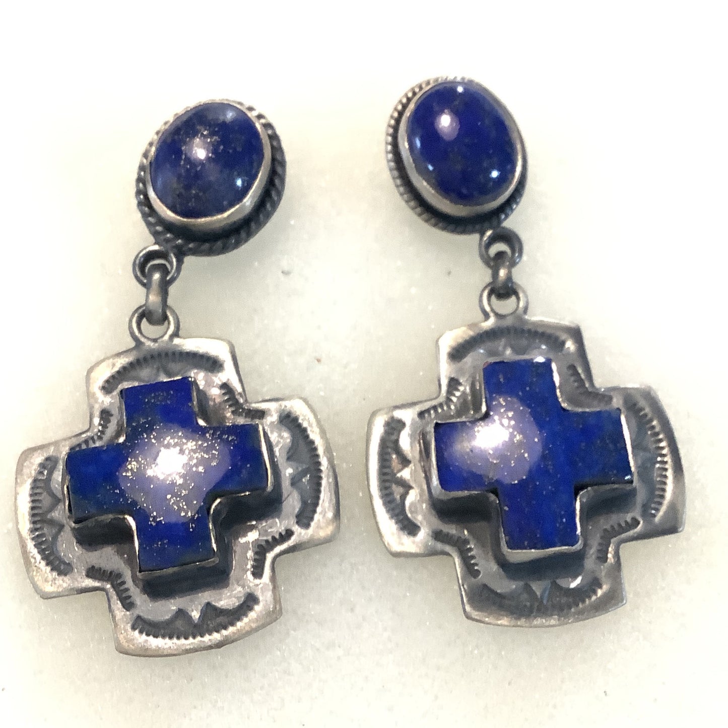 Earrings, Lapis, Cross with Oval Lapis stud, DD crafted from Sterling Silver, an exquisite DD Earrings designed by Turquoise Mustang.