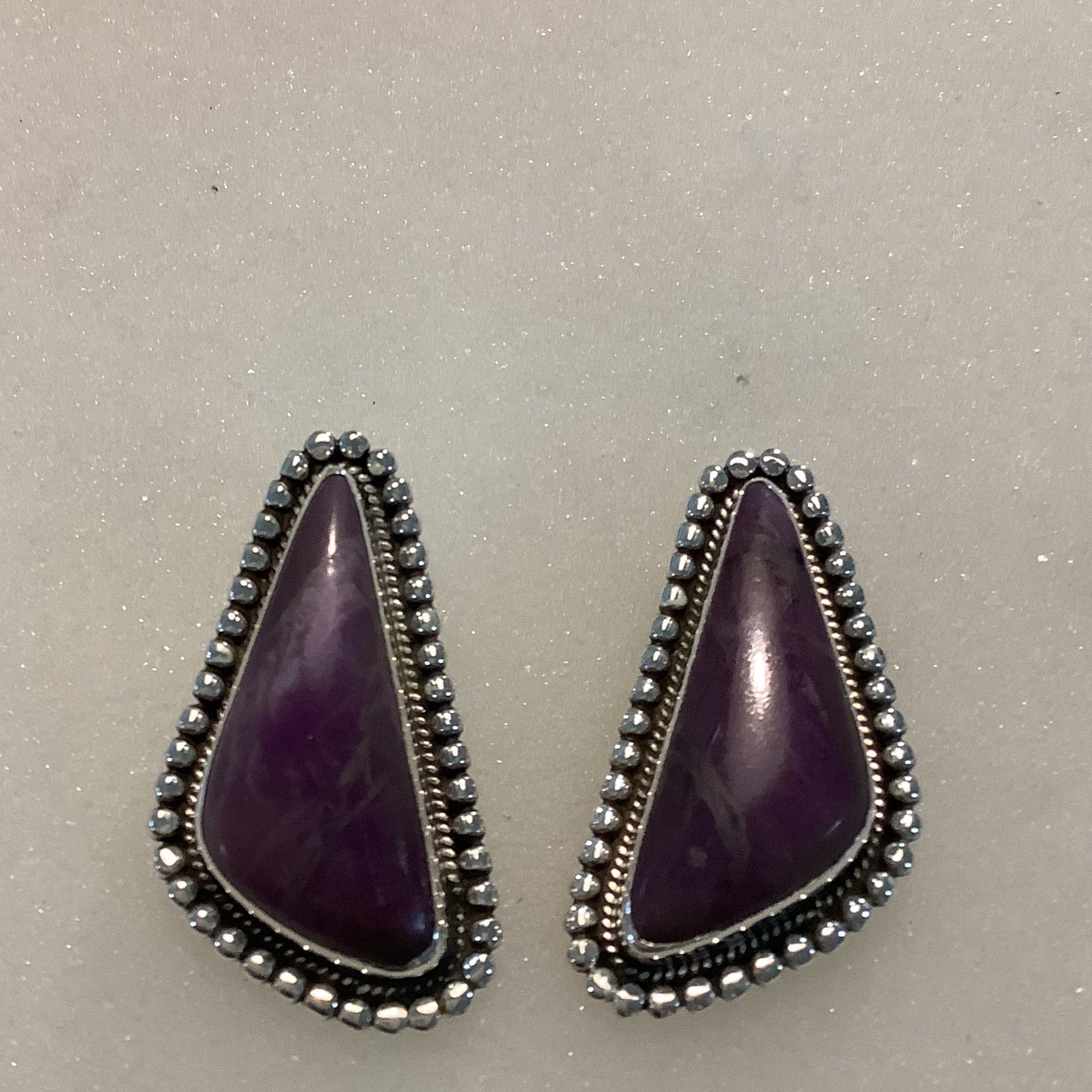 Earrings, Turquoise/Onyx, Earrings, Medium Purple Spiny Oyster Cabs, ball & rope bezel, DD crafted from Sterling Silver, an exquisite DD Earrings designed by Turquoise Mustang.
