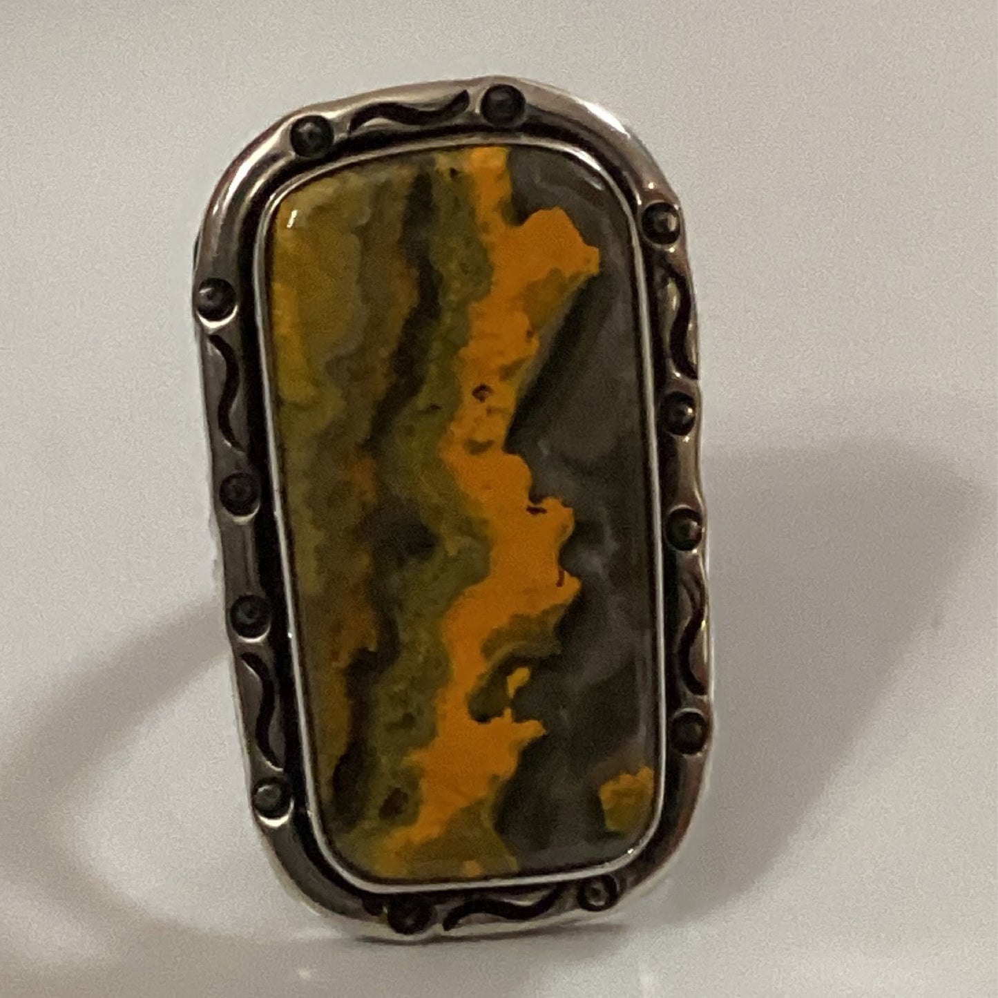 Ring, Bumblebee, rectangle, filework bezel, size 11, Florence Tahe crafted from Sterling Silver, an exquisite Rings Native American designed by Turquoise Mustang.