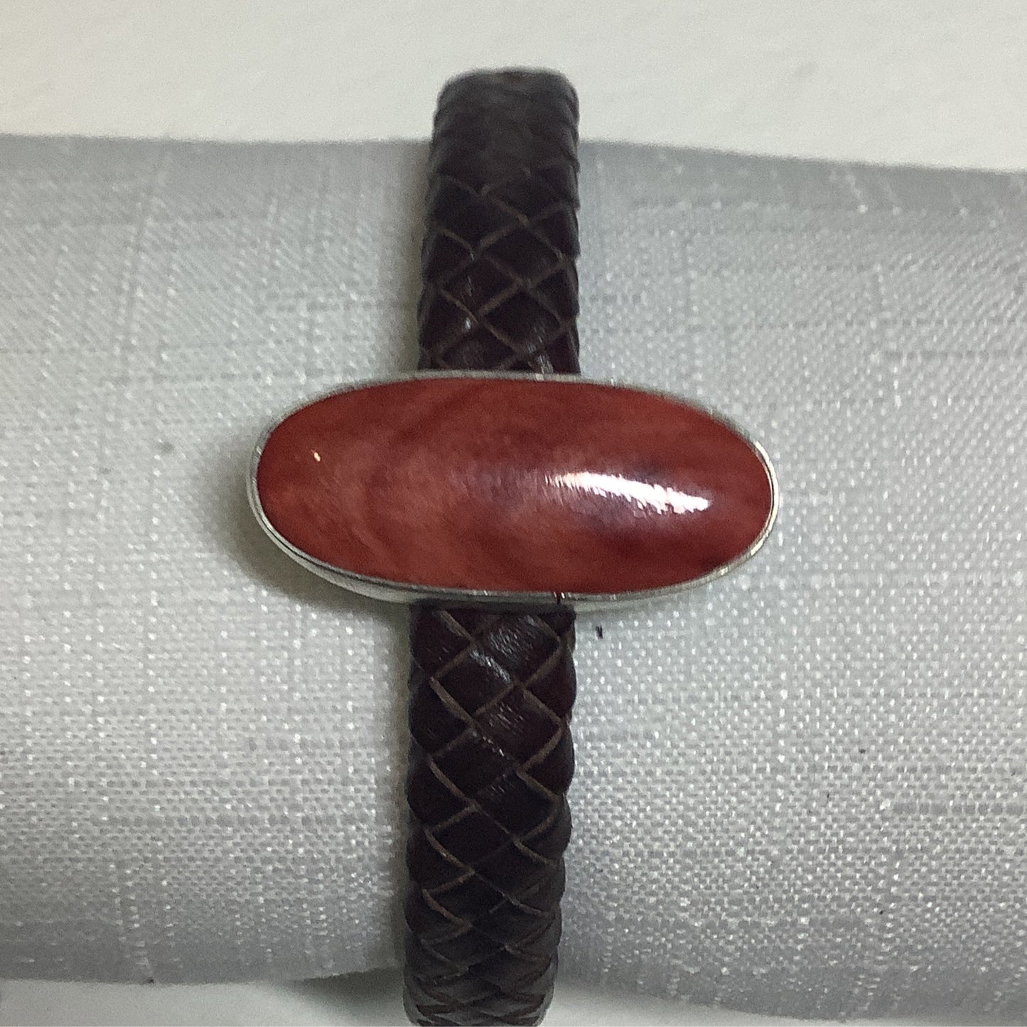 Bracelet, Spiny Oyster, Braided Brown Leather with Narrow Oval cab, Jeff Stahre crafted from Sterling Silver, an exquisite Other Bracelets designed by Turquoise Mustang.