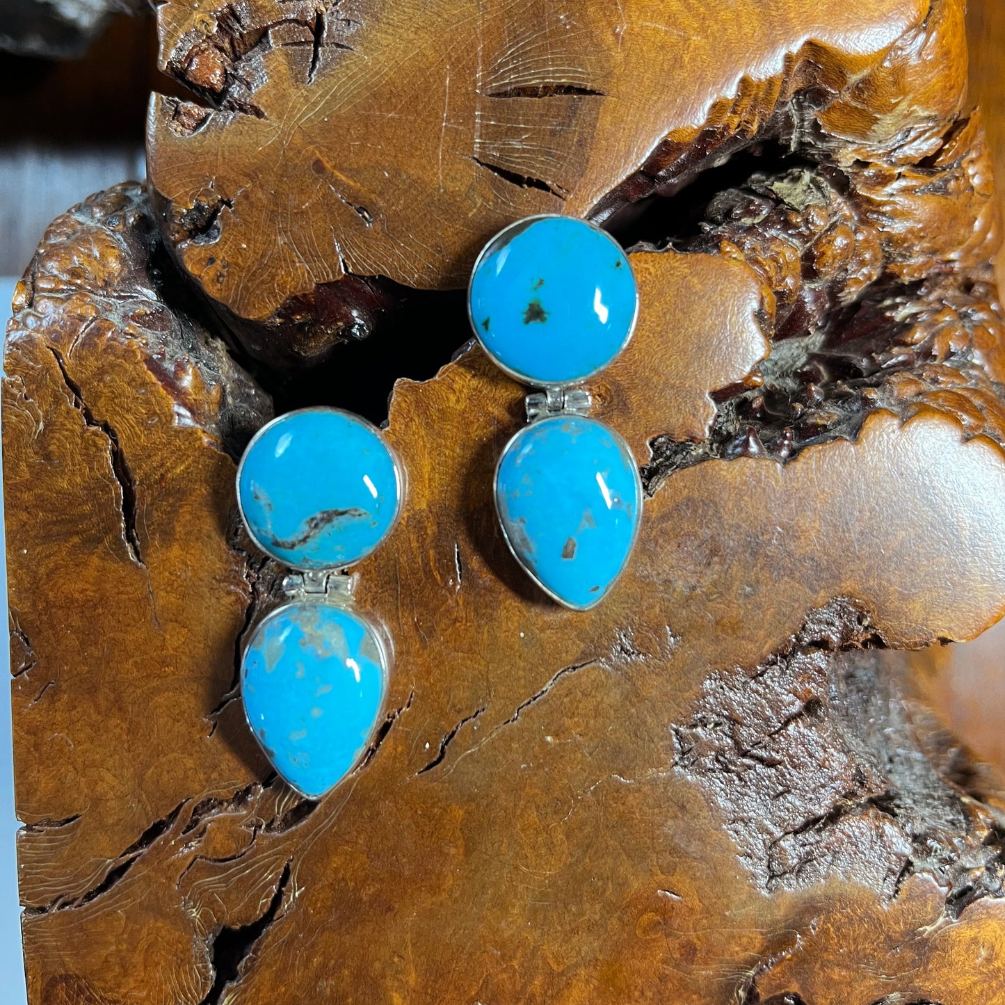 The Verbena Hinged Post Earrings crafted from Light Blue Kingman, an exquisite Turquoise Mustang Earrings designed by Turquoise Mustang.