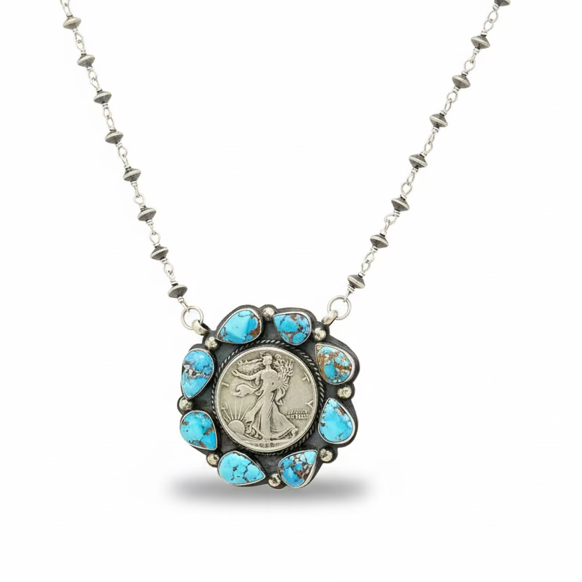 1942 Walking Liberty Silver Dollar Pendant with Golden Hills Turquoise Bezel, Navajo