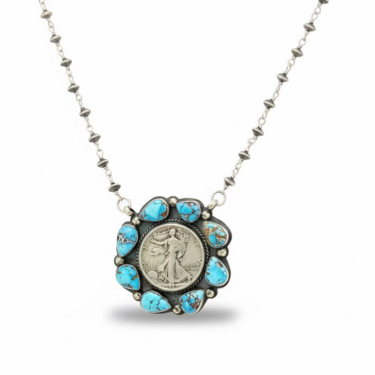 1942 Walking Liberty Silver Dollar Pendant with Golden Hills Turquoise Bezel, Navajo