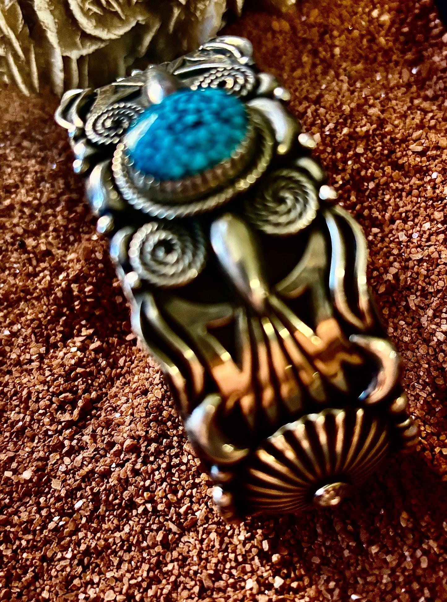 Heavy Peyote and Curled Rope Overlay Cuff with Round Kingman Spiderweb by Delbert Gordon (Copy)