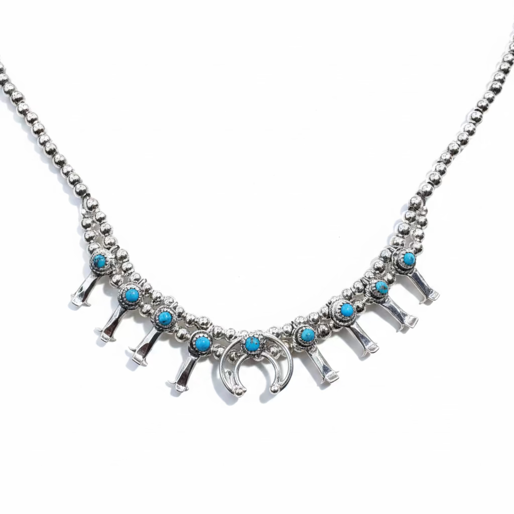 Super Petite Turquoise Squash Blossom Pendant, Navajo