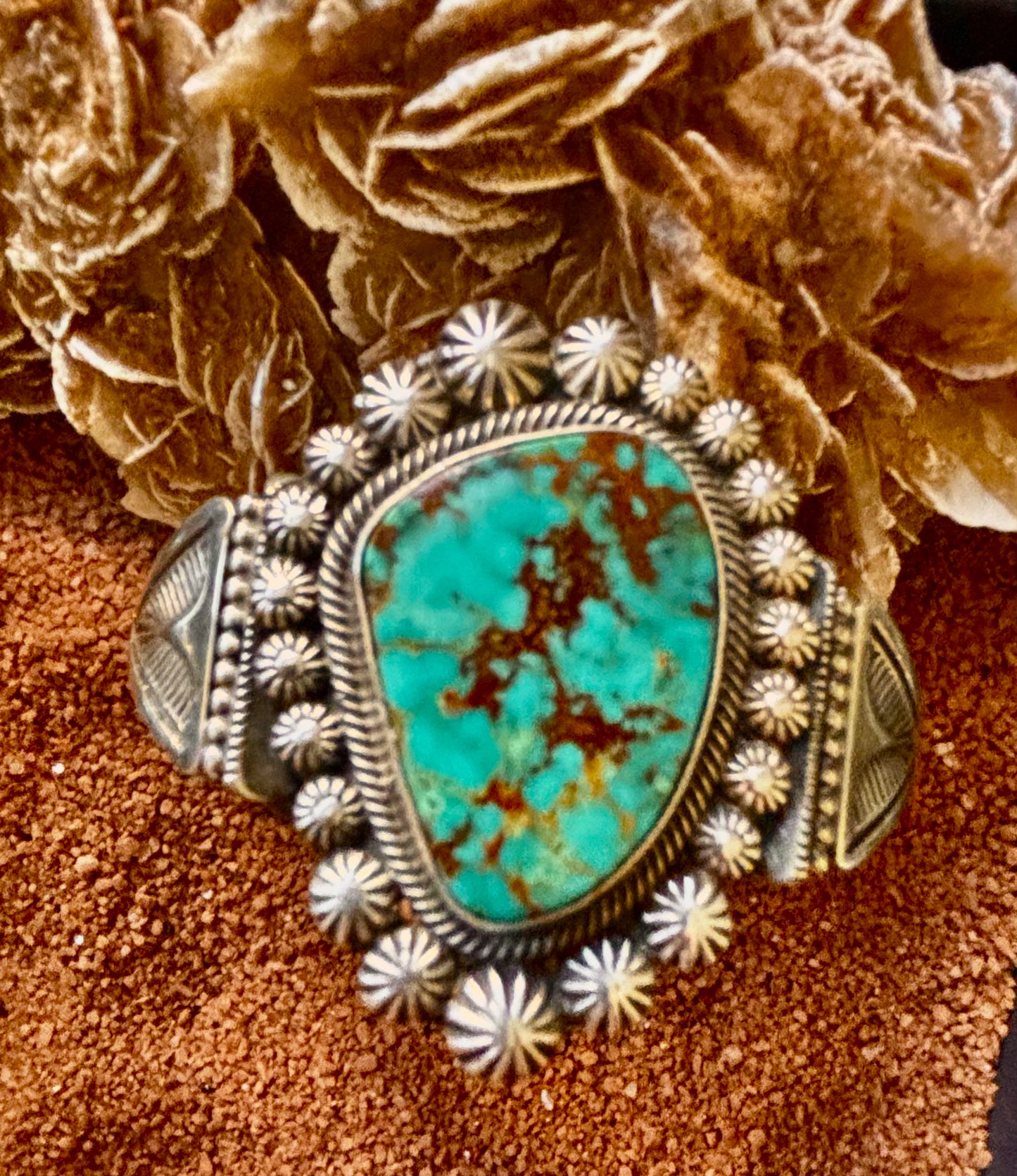 Refined Stamp and Overlay Cuff with Freeform Pilot Mountain Turquoise, Leon Martinez