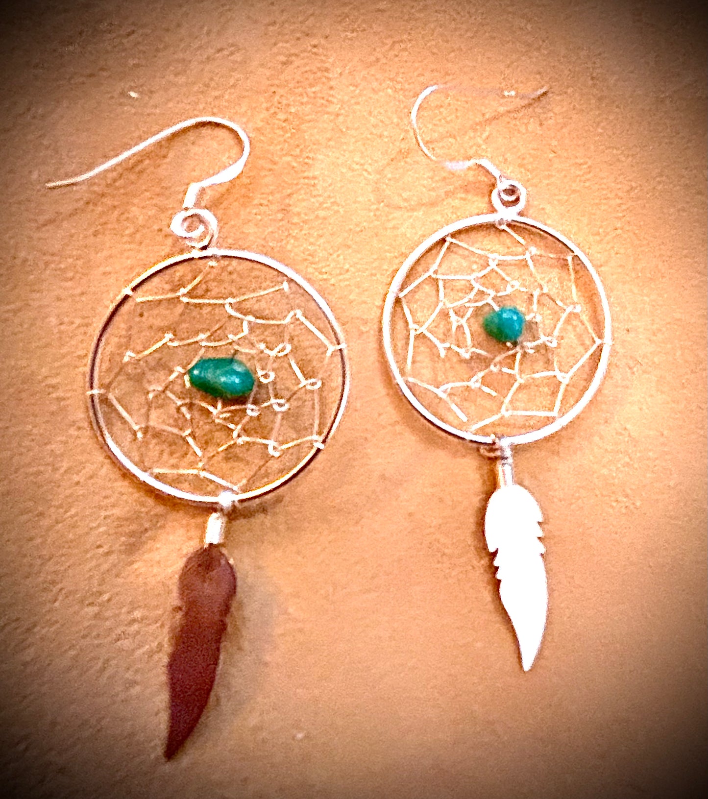 Earring, Dreamcatcher w/ Single turquoise beads & feather dangle