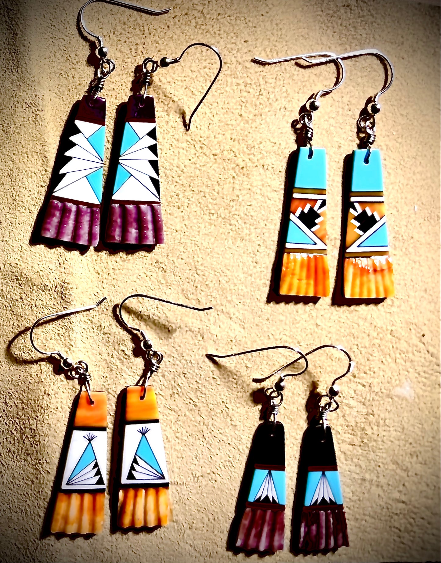 Zuni Handmade Spiny Oyster with Inlay Dangle Earrings – Sterling Silver Hooks