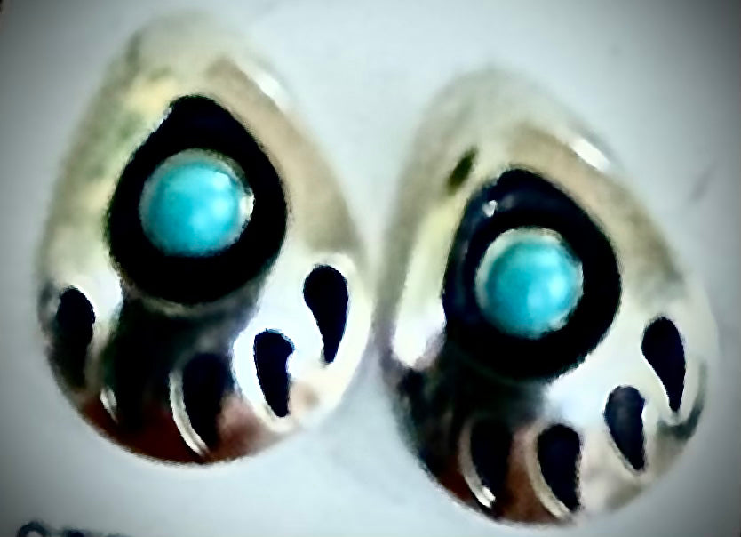 Sterling Silver Medium Bear Paw Shadowbox Studs with Turquoise