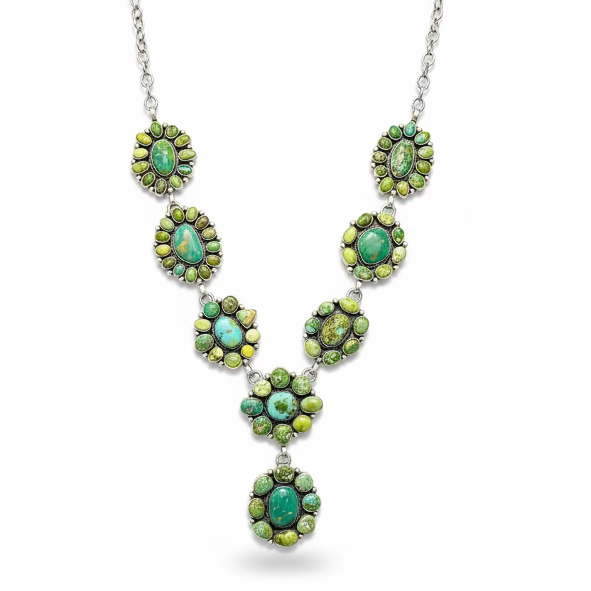 Eight-Station Cluster Necklace with Sonoran Gold and Royston Turquoise, Navajo