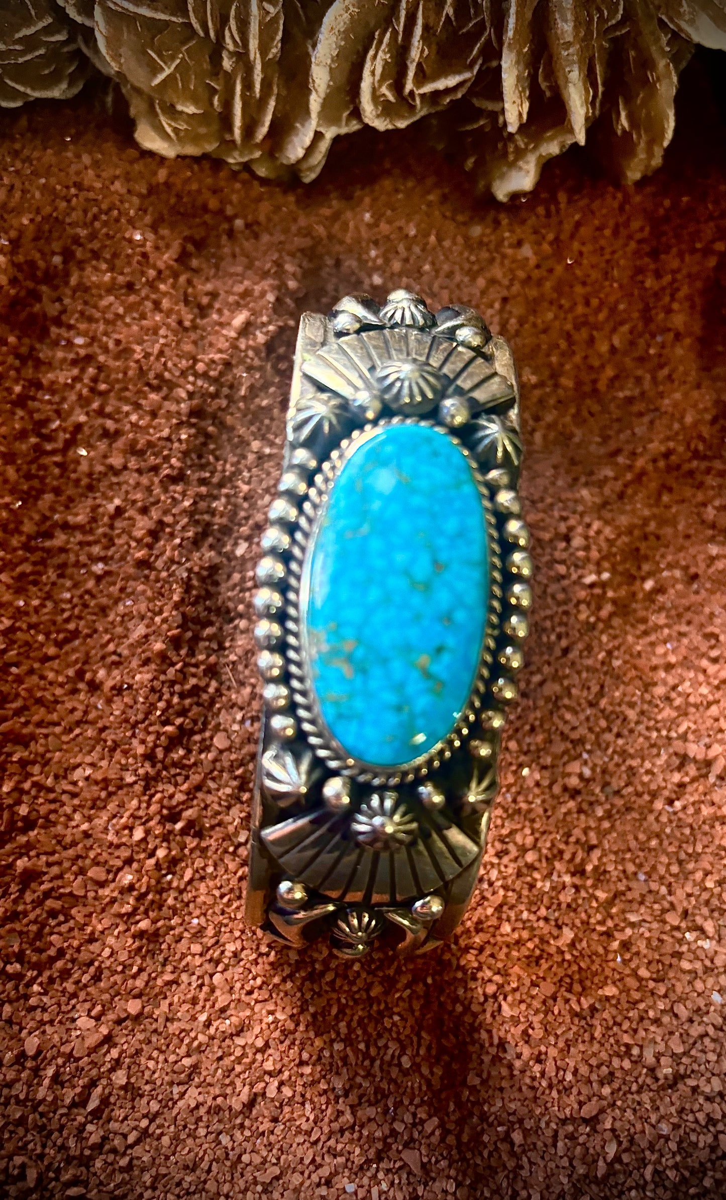 Waterweb Kingman Turquoise Stampwork and Overlay Cuff by J. Delgarito, Navajo