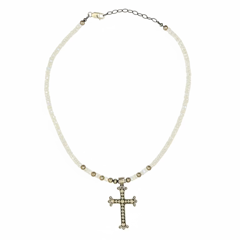 20” Moonstone and Silver Necklace with Dan Dodson Cross Pendant