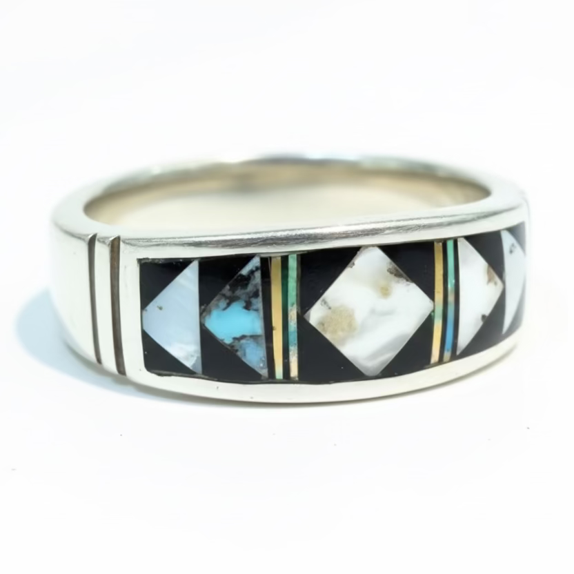 Opal, Onyx and White Buffalo Zuni Inlay Ring by Rick Torino, Zuni, Size 13.5