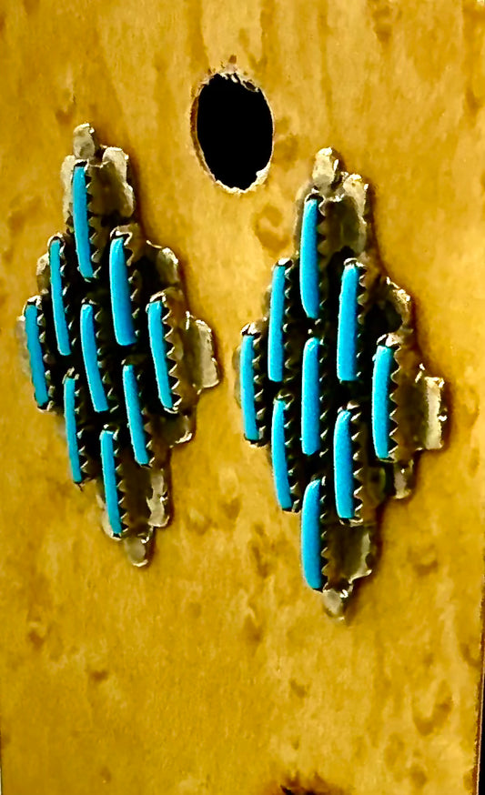 Zuni Needlepoint Kingman Turquoise Post Stud Earrings, Zuni