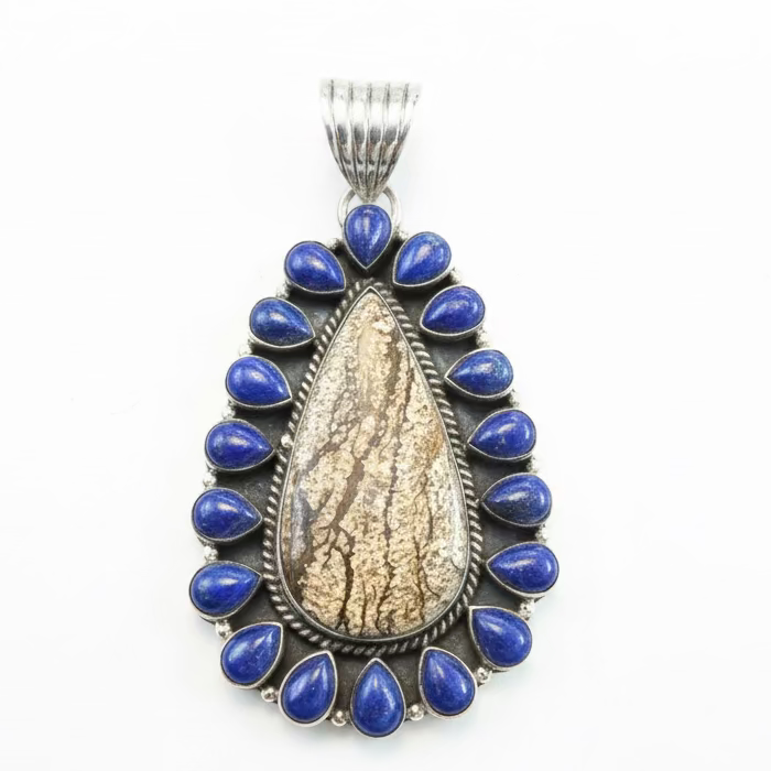 Picture Jasper and Lapis Lazuli Pear-Shape Statement Pendant by Dan Dodson
