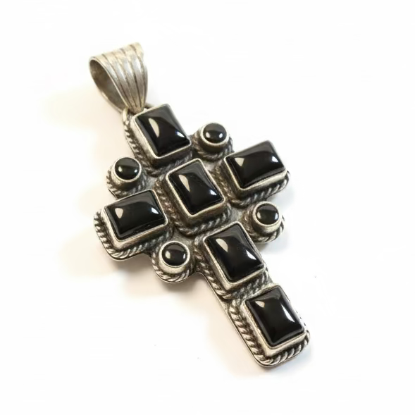 10-Stone Black Onyx Cluster Cross in Sterling Silver, Dan Dodson