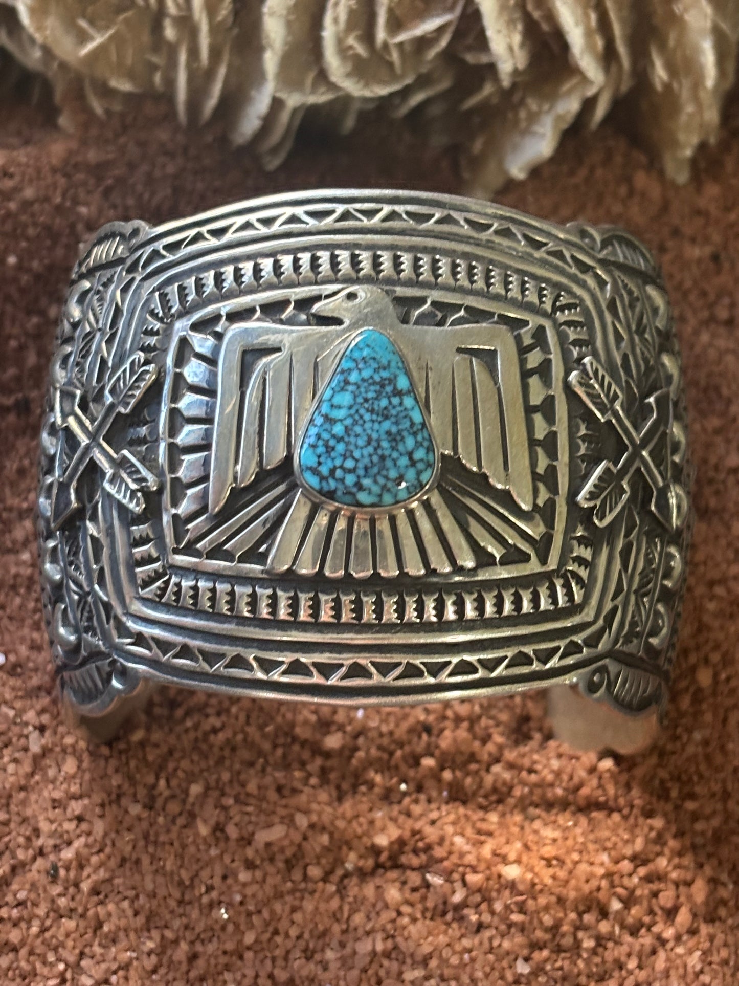 Wide Thunderbird Cuff w Spider Web Turquouse Center stone, by JO White