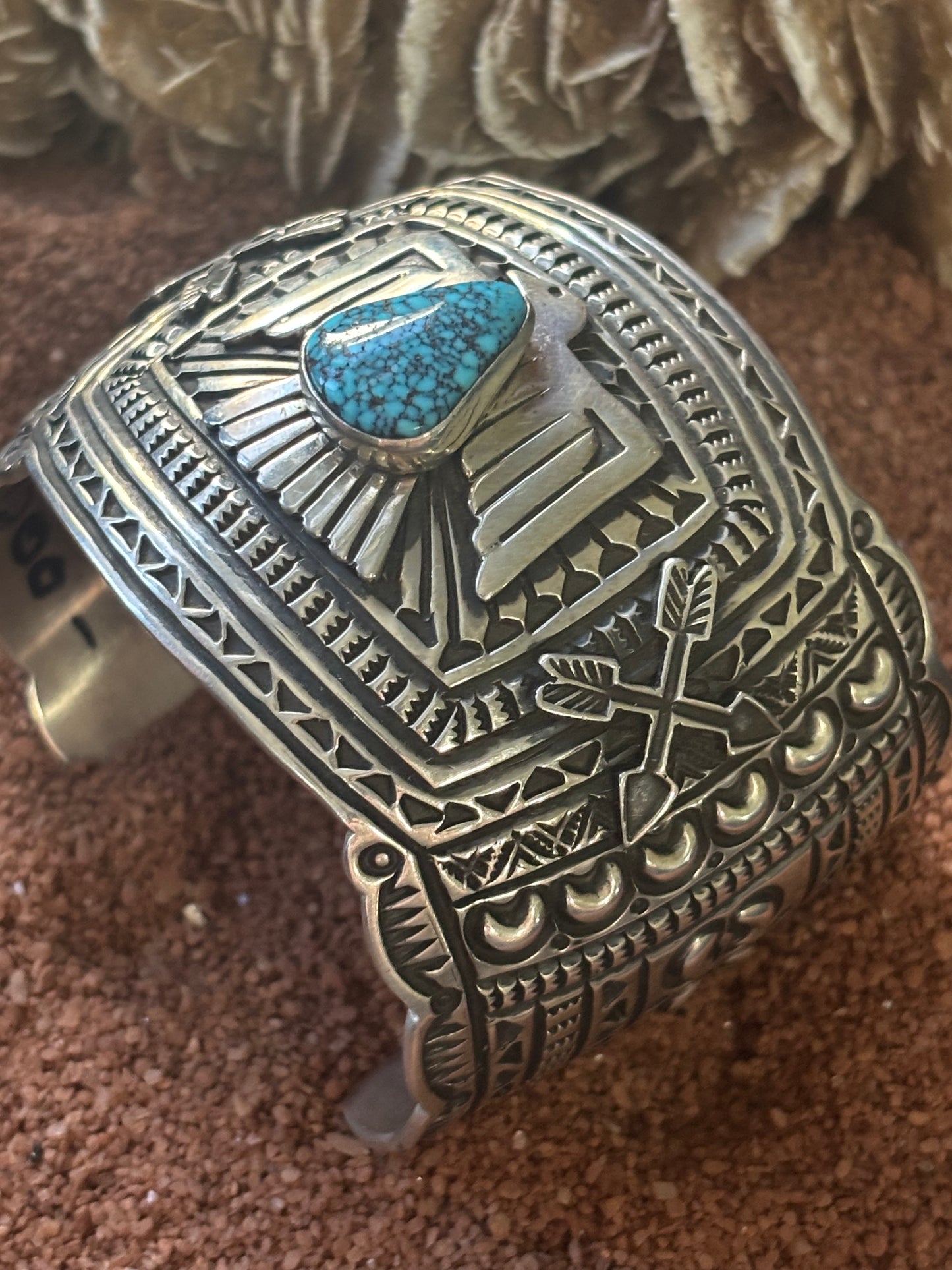 Wide Thunderbird Cuff w Spider Web Turquouse Center stone, by JO White