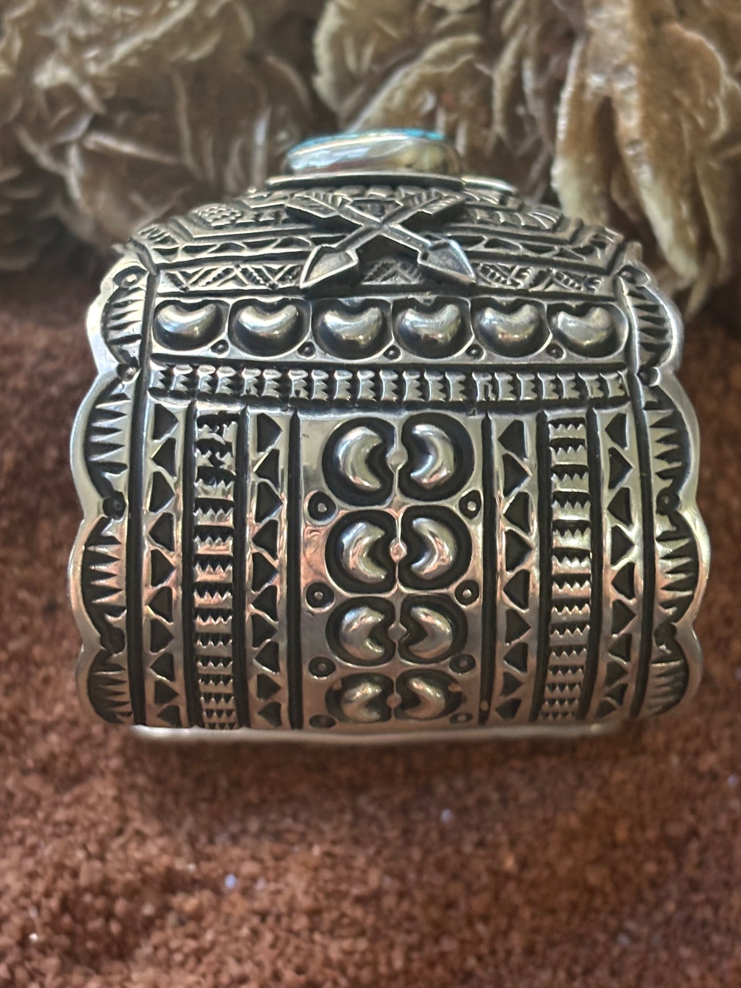 Wide Thunderbird Cuff w Spider Web Turquouse Center stone, by JO White