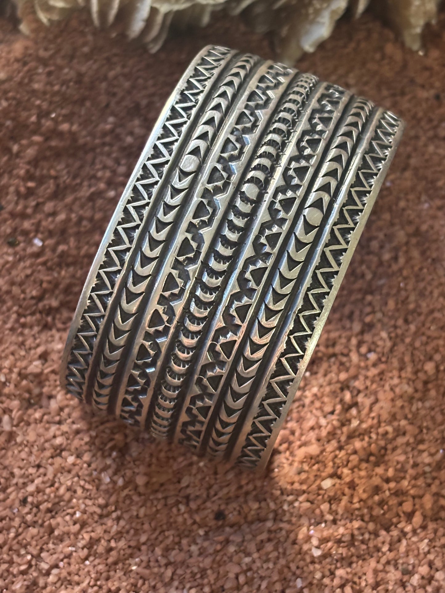 All Silver, 7-row Stamp Cuff, by Navajo Silversmith, by D Reeves