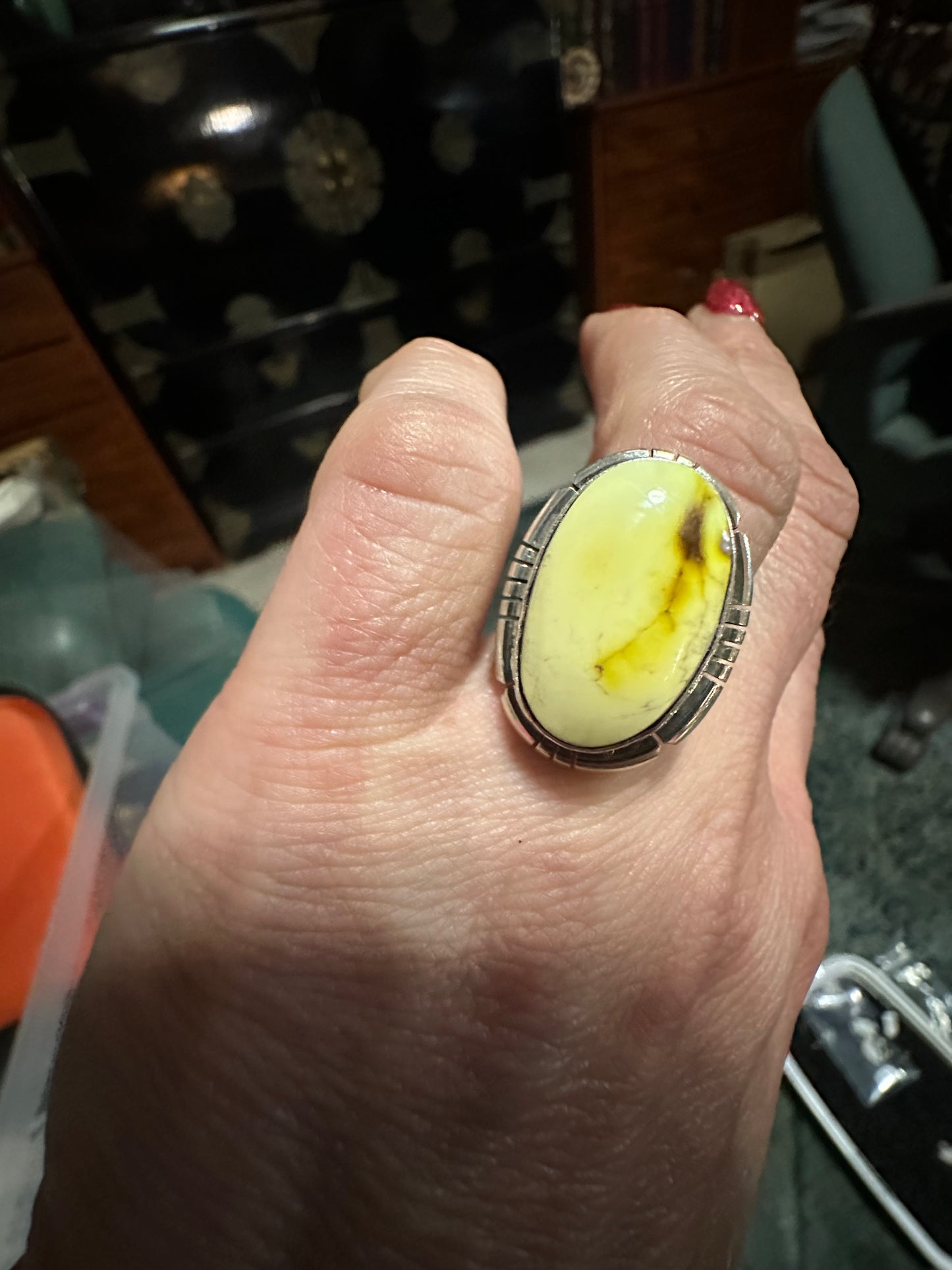 Solitaire Oval Palomino Ring with Filework Bezel, by Navajo Artist Sean Etsitty