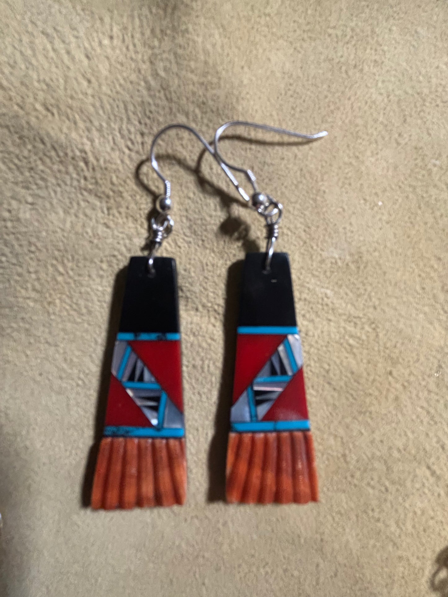 Zuni Handmade Spiny Oyster with Inlay Dangle Earrings – Sterling Silver Hooks