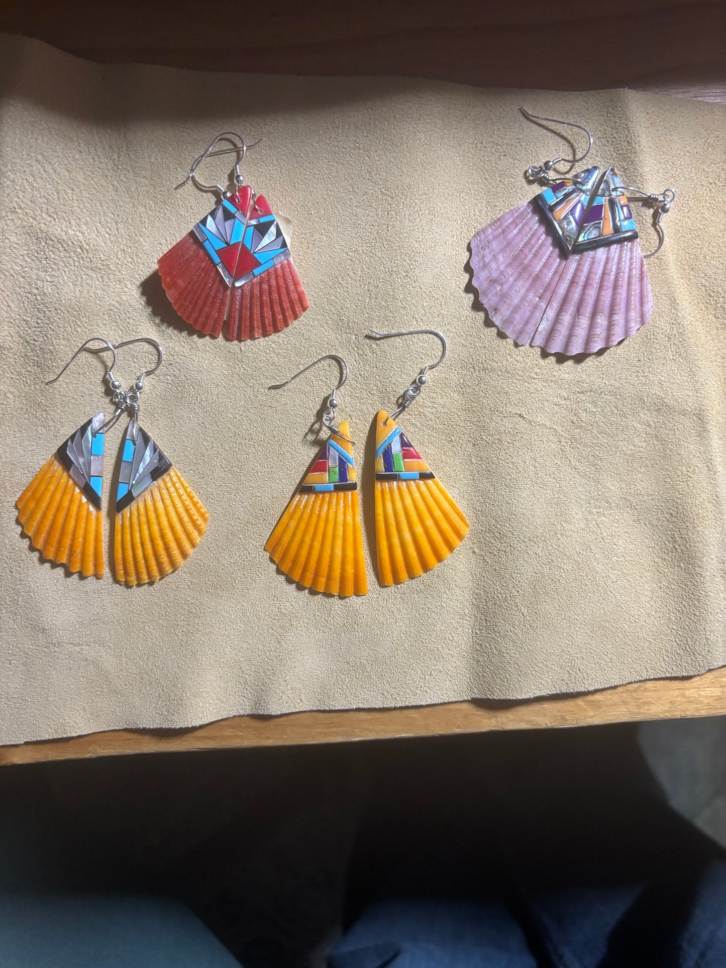 Wide Zuni Handmade Spiny Oyster with Inlay Dangle Earrings – Sterling Silver Hooks