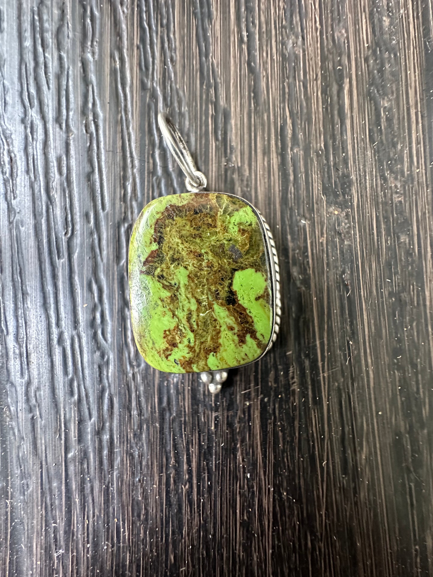 Pendant, Gaspeite, Freeform Rectangle with Silver Filework Bezel
