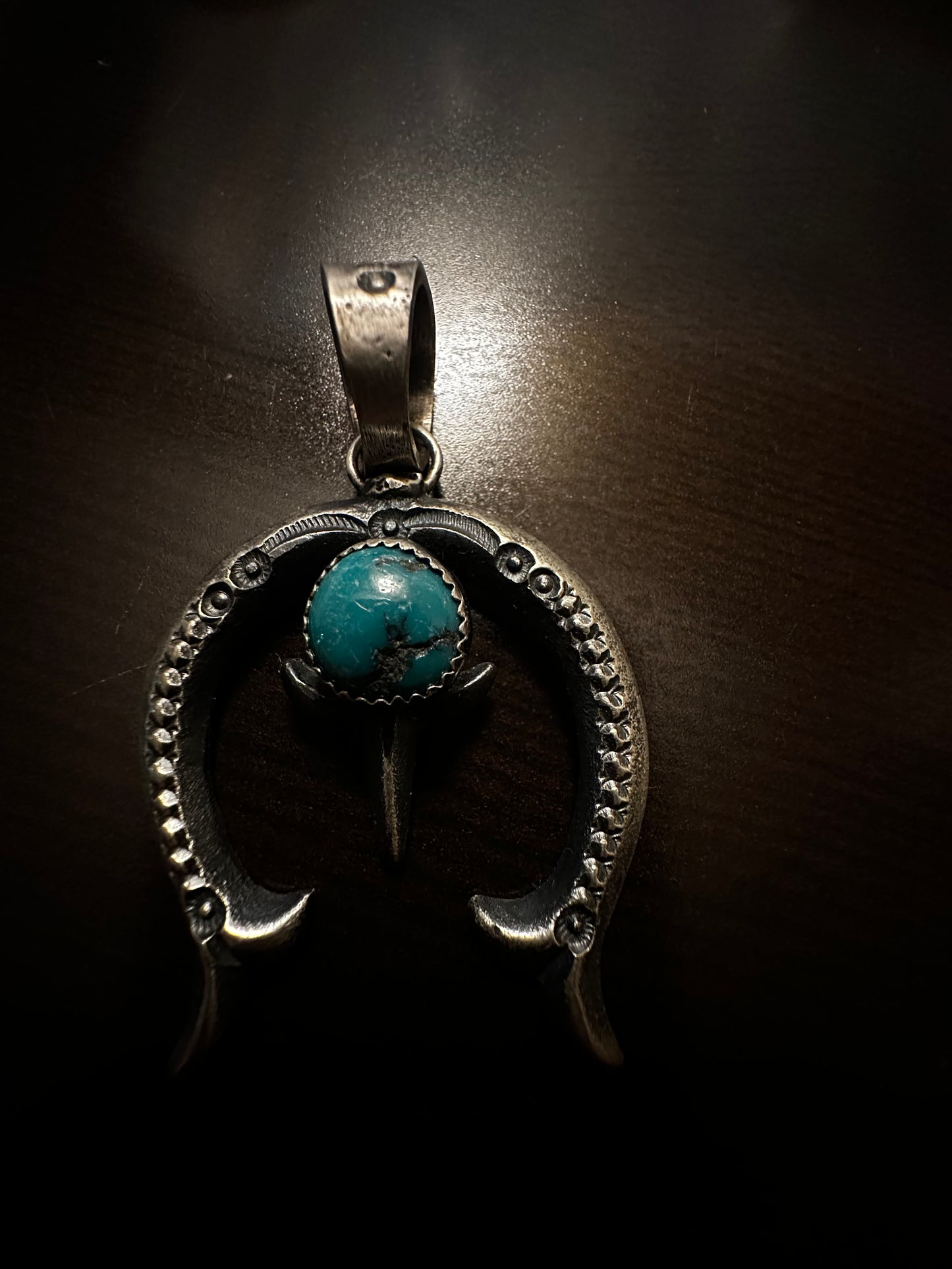 Stamped Naja Pendant with Round Turquoise Cab, by EL