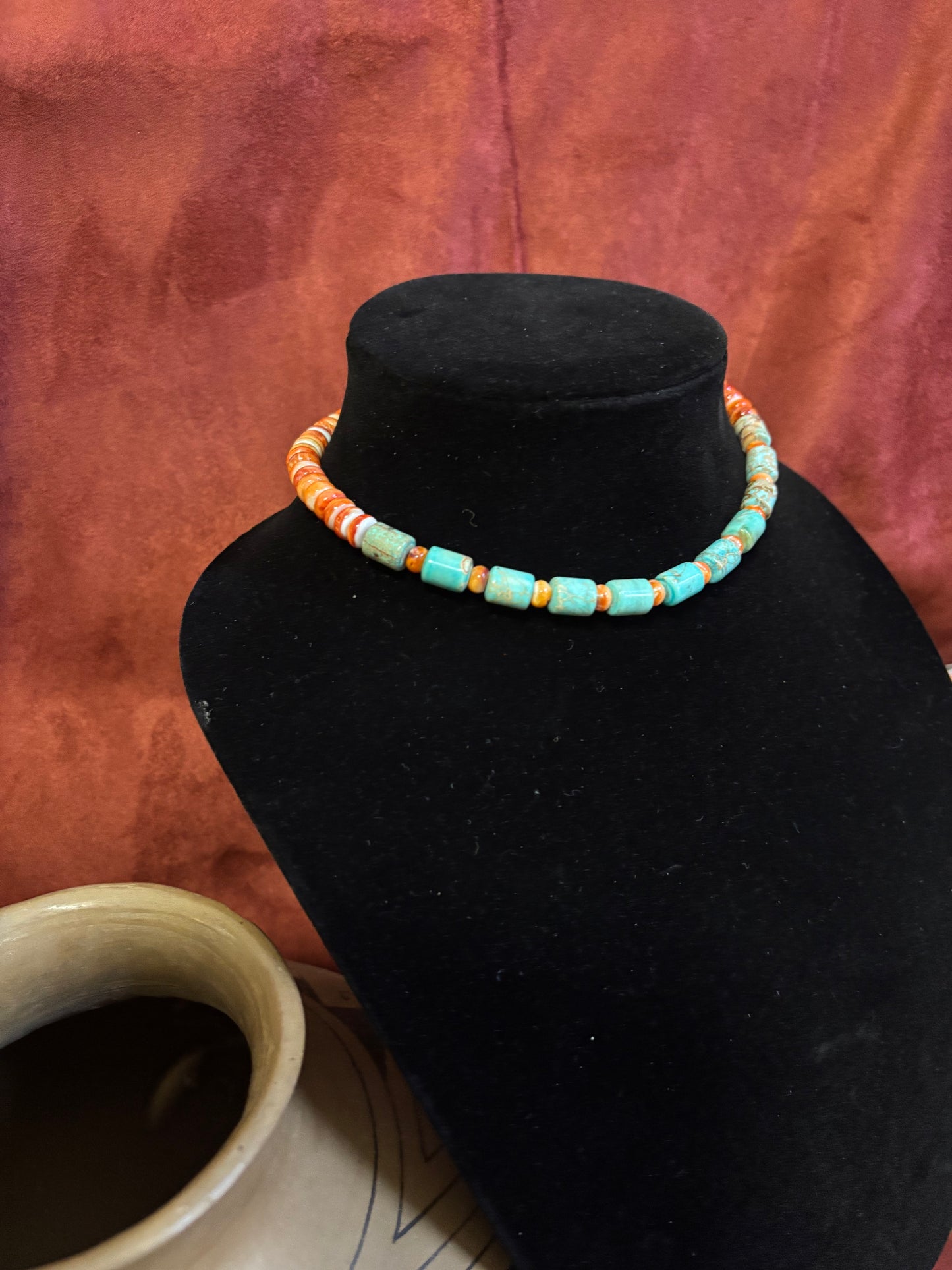 14” Orange Spiny Oyster & Turquoise Choker Necklace