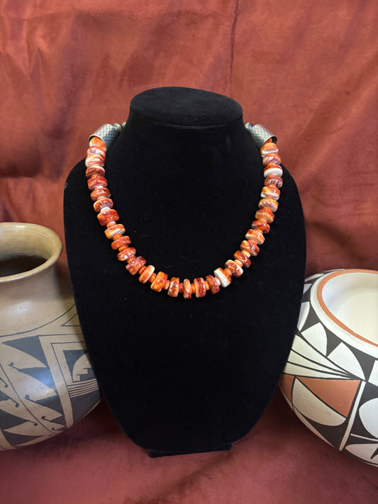 Orange Spiny Oyster Heishi Necklace with Graduated Melon Bead Ends, 19", Turquoise Mustang