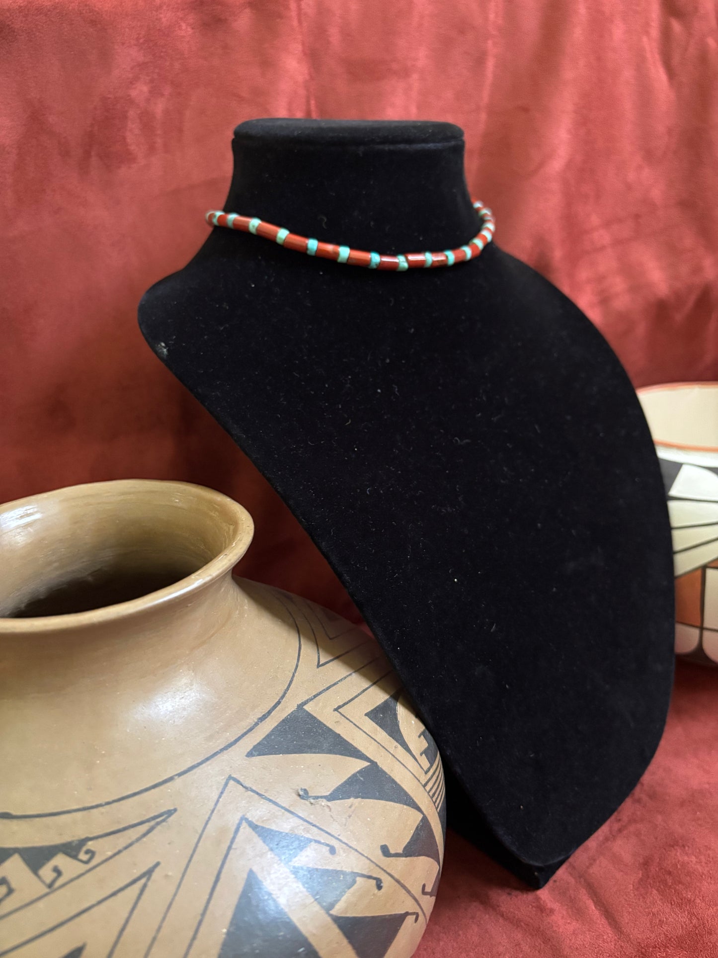 13.5” Pipe Stone Jasper and Kingman Turquoise Heishi Choker Necklace