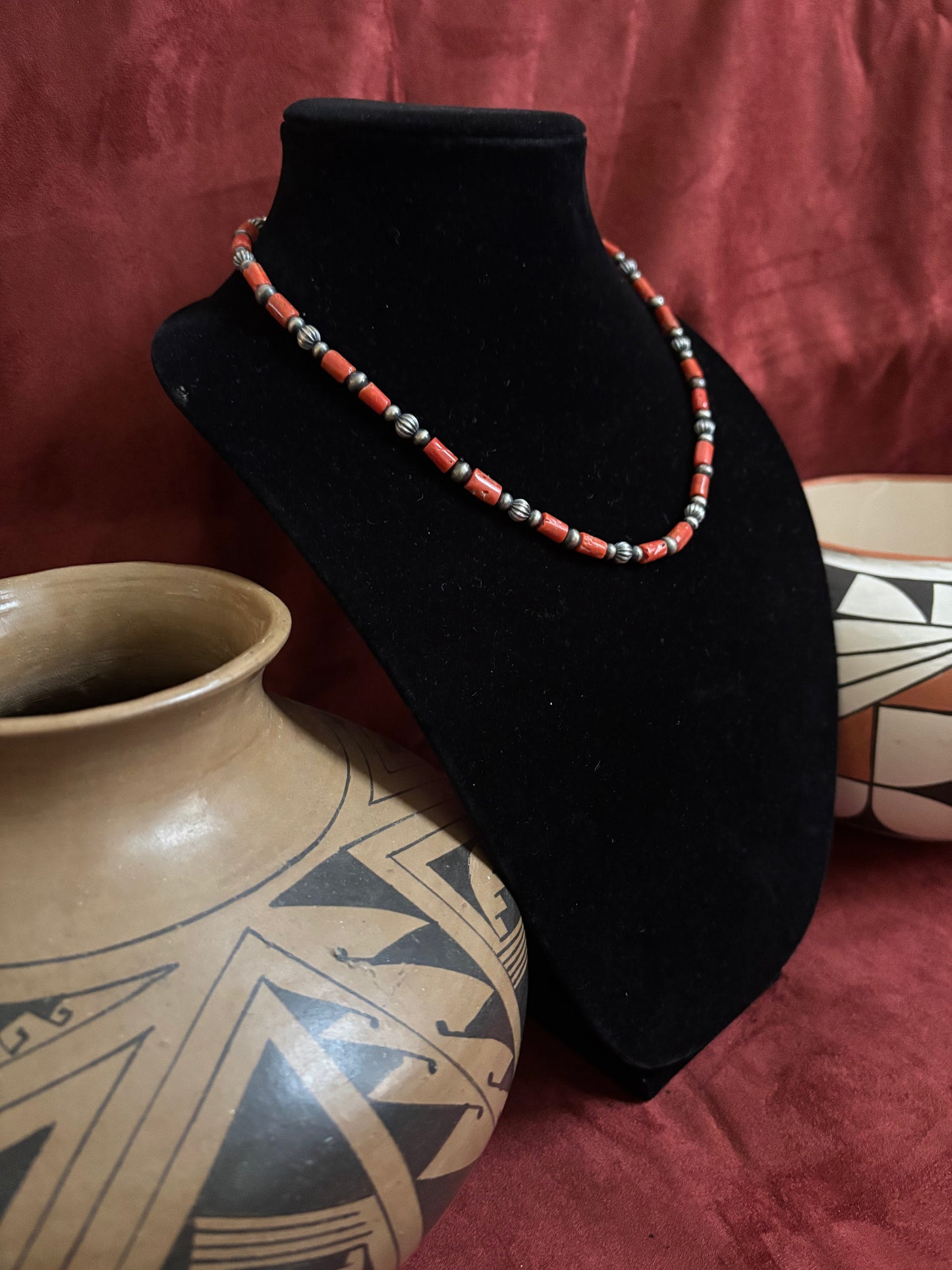 18” Mediterranean Coral and Silver Pearl Necklace