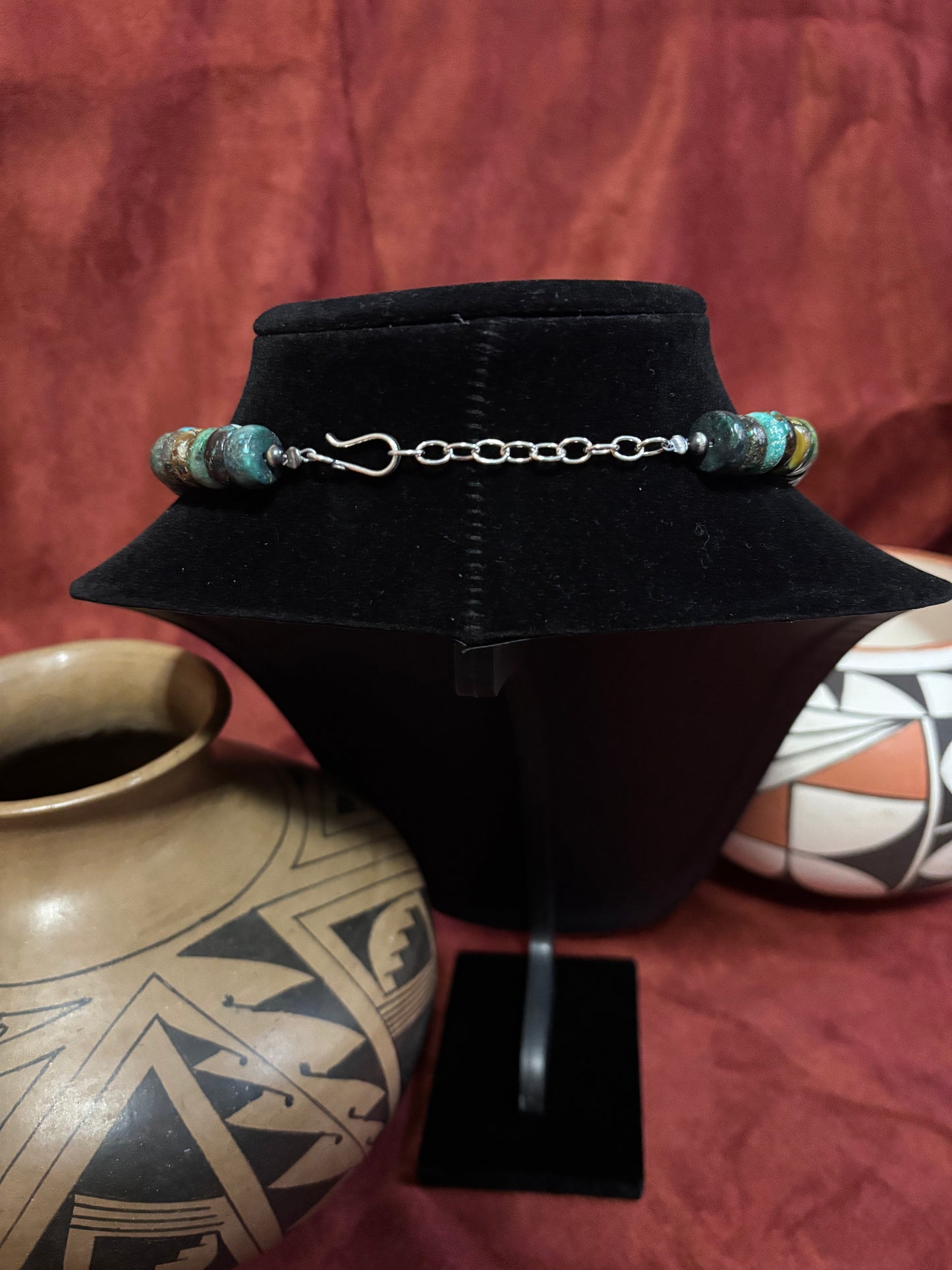 15” Polychrome Cloud Mountain Turquoise Rondelle Necklace with Mustang Silver Pearls
