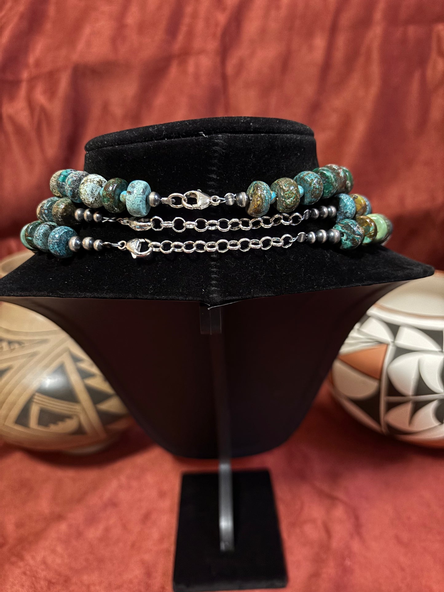 14”(18”or 19”) Polychrome Cloud Mountain Turquoise Rondelle Necklace with Navajo Pearls –