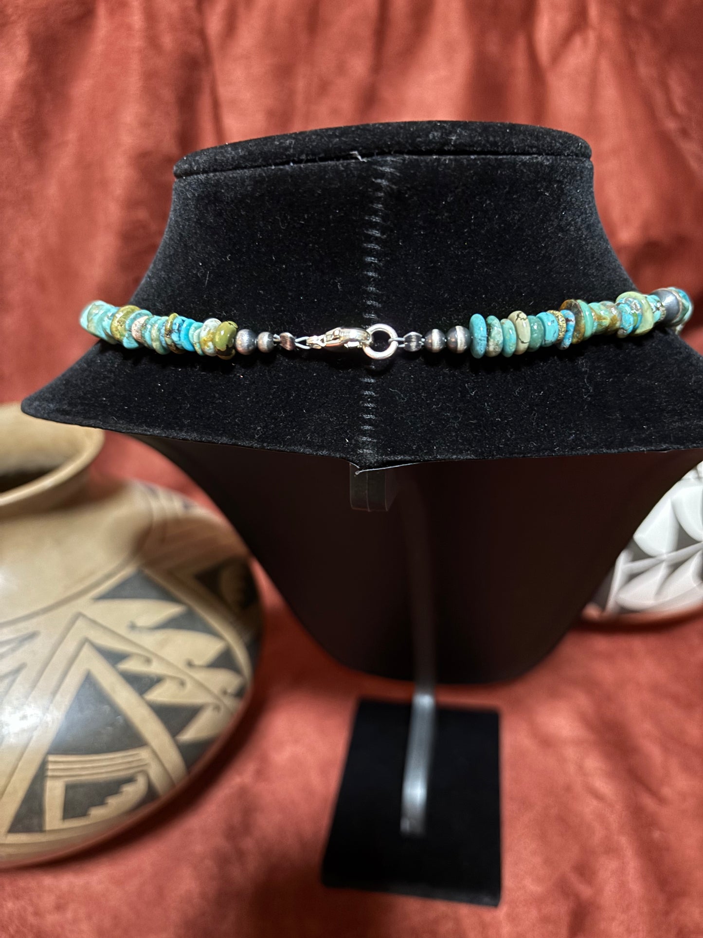 19” Green Hubei Turquoise & Silver Pearl Necklace