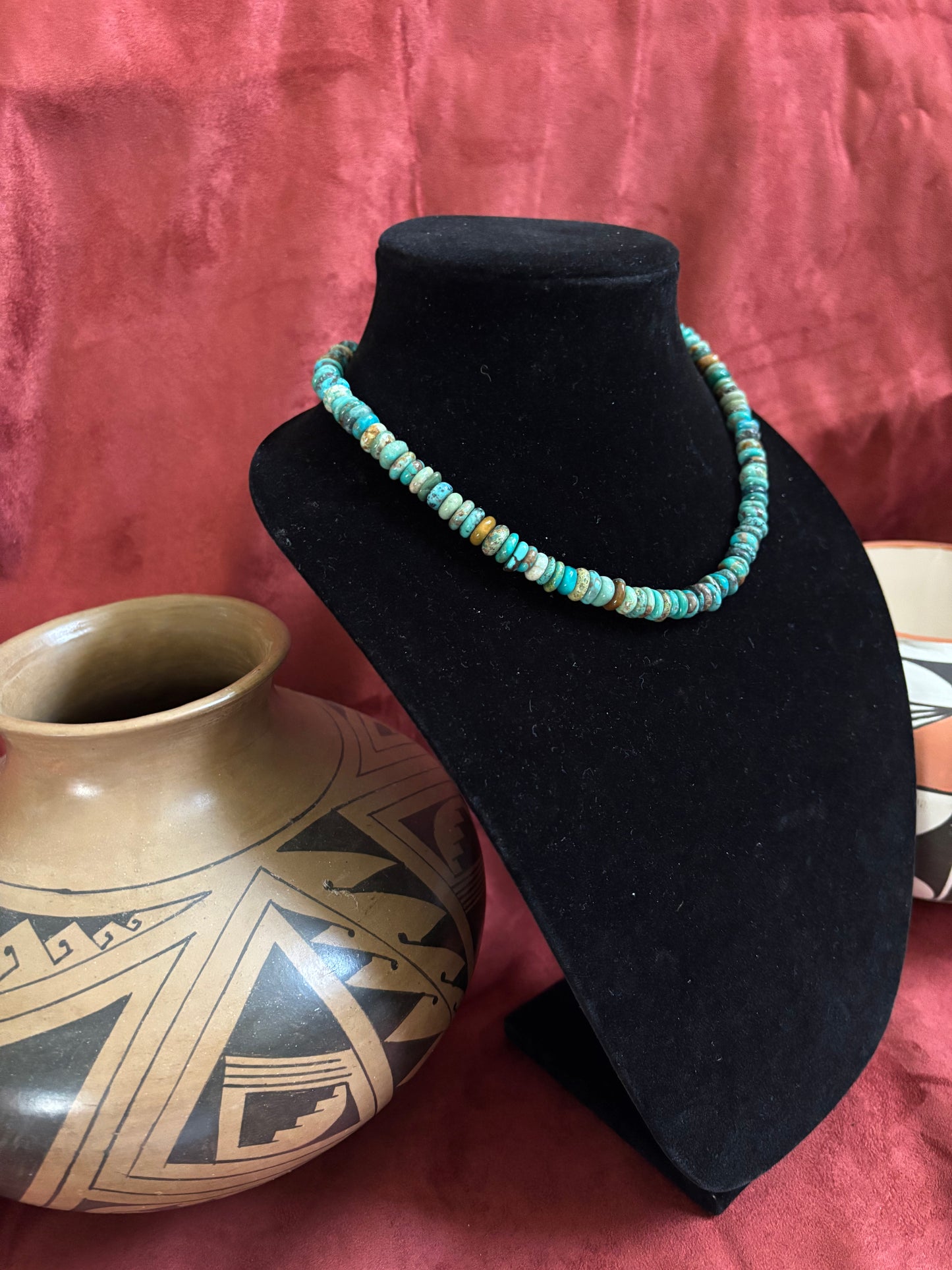 16” Green Hubei Turquoise Rondelle Necklace with Silver Pearl Ends