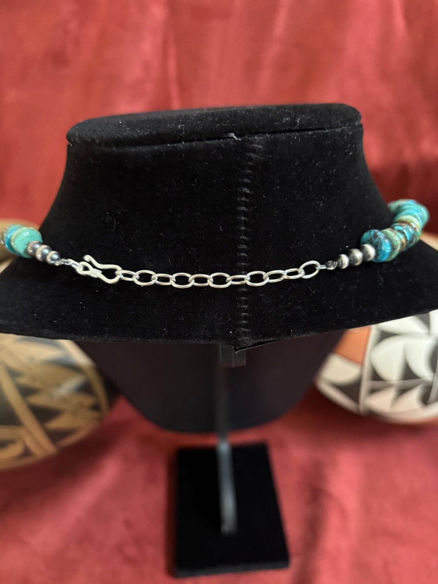 16” Green Hubei Turquoise Rondelle Necklace with Silver Pearl Ends