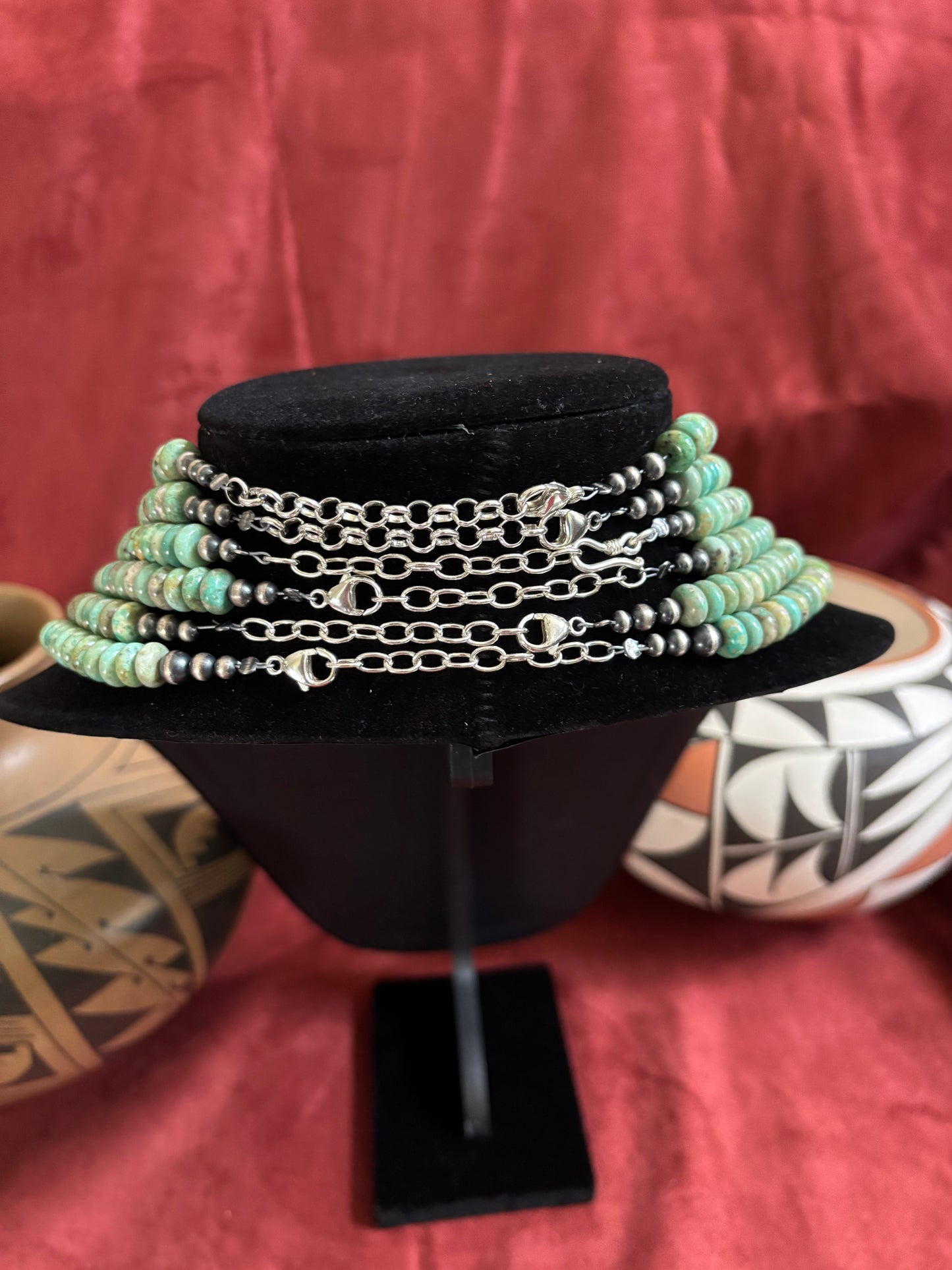 13”(16”,18”,20”,22”) Green Ma-Shan Turquoise Rondelle Necklace with Silver Pearl Accents